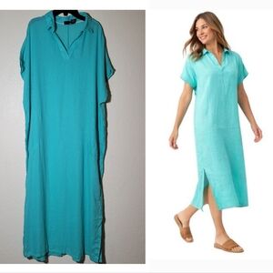 Tahari | Teal Aqua Linen Blend Maxi Dress L Oversized Lagenlook Resortwear Beach